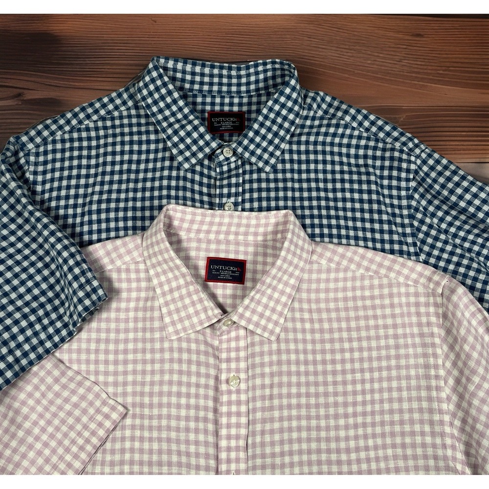 Lot of 2 UNTUCKit Shirts Men XL Slim Short Sleeve 100% Linen Gingham Purple Navy